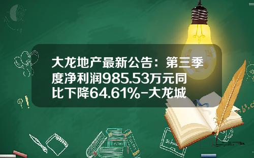 大龙地产最新公告：第三季度净利润985.53万元同比下降64.61%-大龙城乡建设开发总公司